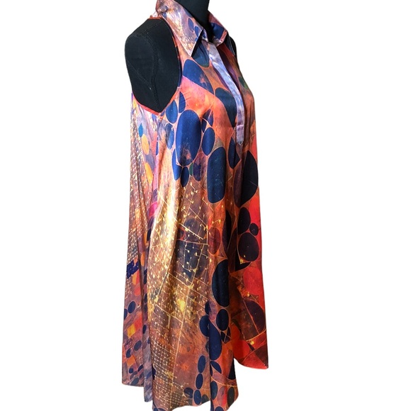 CROP David Peck silk abstract print sleeveless shirt dress with pockets S - Picture 2 of 14